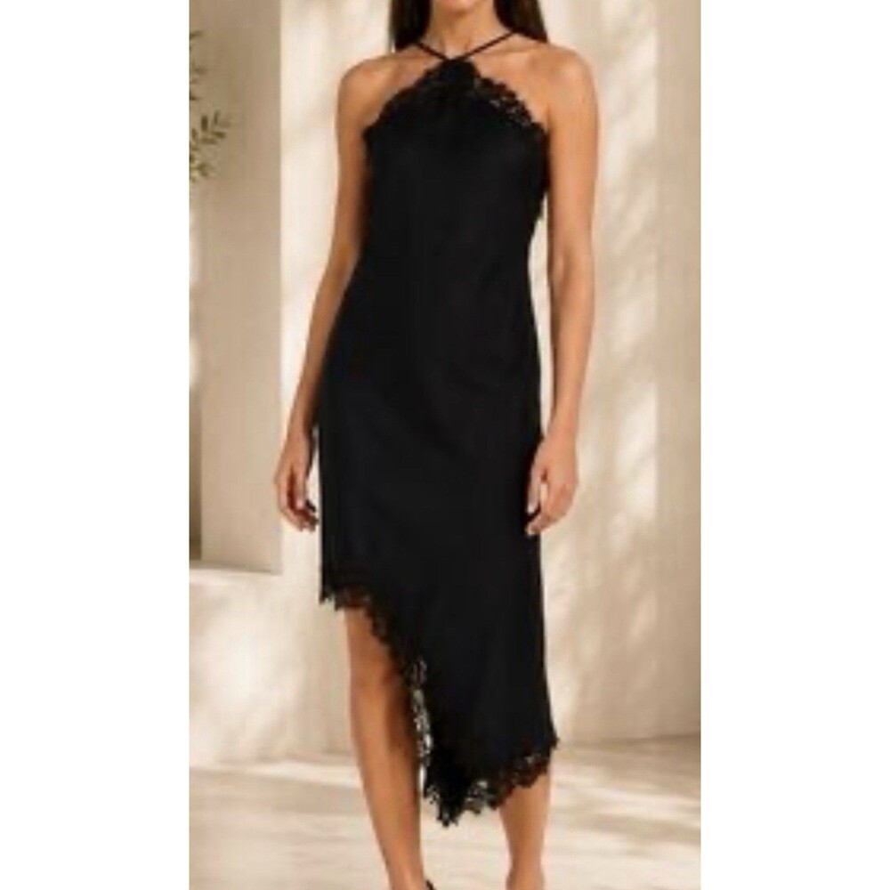 Camila Coelho Dress Black Satin Asymmetrical Lace Hem Halter Neck Medium